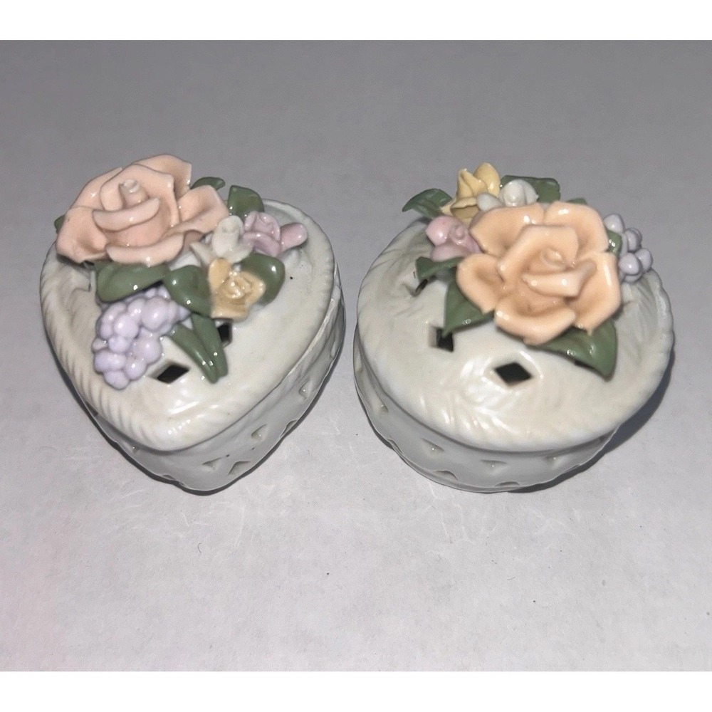 Vintage Porcelain Floral Trinket Boxes Set of 2 Heart Round Cottagecore Grandma